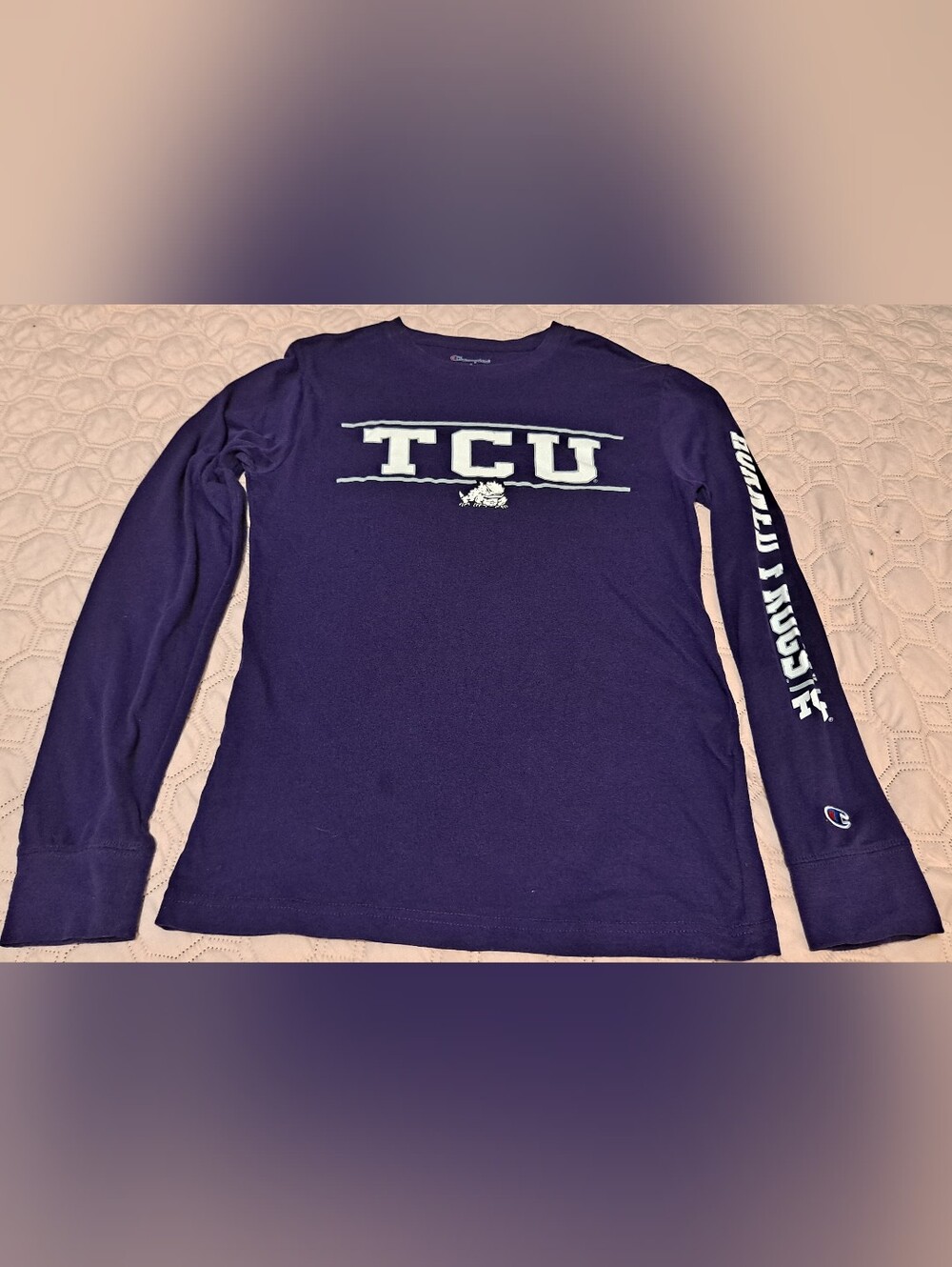 Champion TCU Purple Long Sleeve Tee with White Graphics Sz S